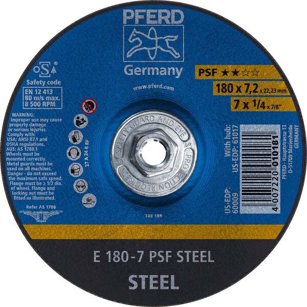 Pferd 60017 7in x 1/4in Grinding Wheel 5/8-11 A 24 R PSF- STEEL Type 27 - 60017-PFERD