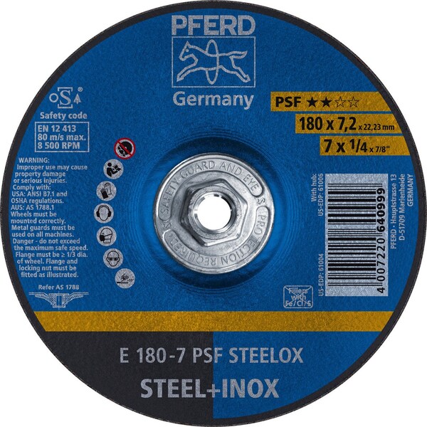 Pferd 61006 7in x 1/4in Grinding Wheel 5/8-11 Thd. A 24 L PSF-INOX Type 27 - 61006-PFERD