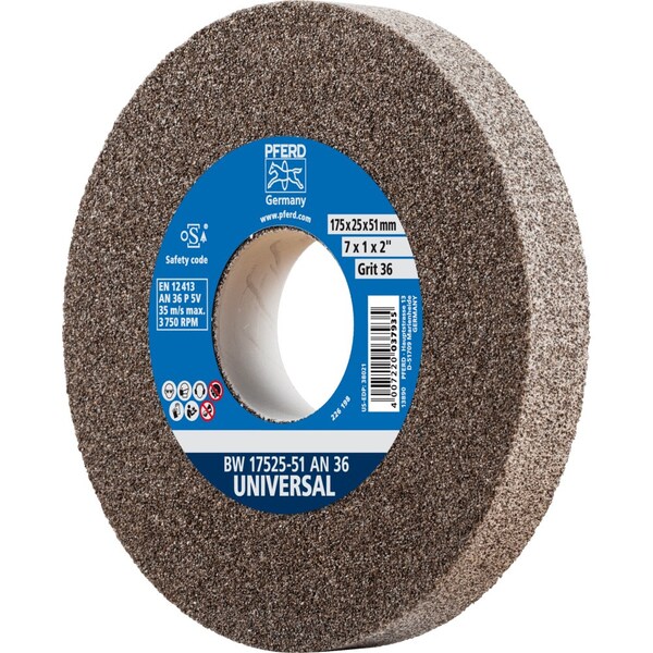 Pferd PFERD Vitrified Bench Wheel, UNIVERSAL, 7in x 1 x 2, 36 Grit, Aluminum Oxide - 61675