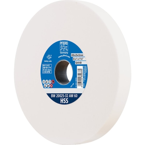Pferd PFERD Vitrified Bench Wheel, HSS, 8in x 1 x 2, 60 Grit, Aluminum Oxide - 61725