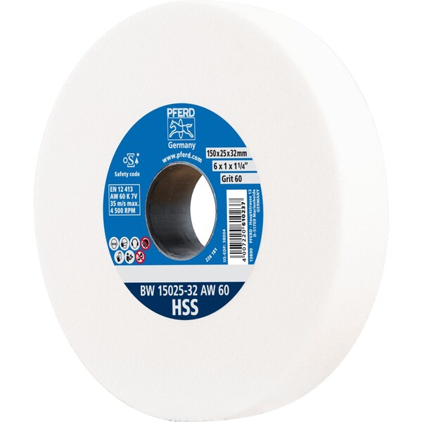 Pferd PFERD Vitrified Bench Wheel, HSS, 6in x 1 x 1-1/4, 60 Grit, Aluminum Oxide - 61721