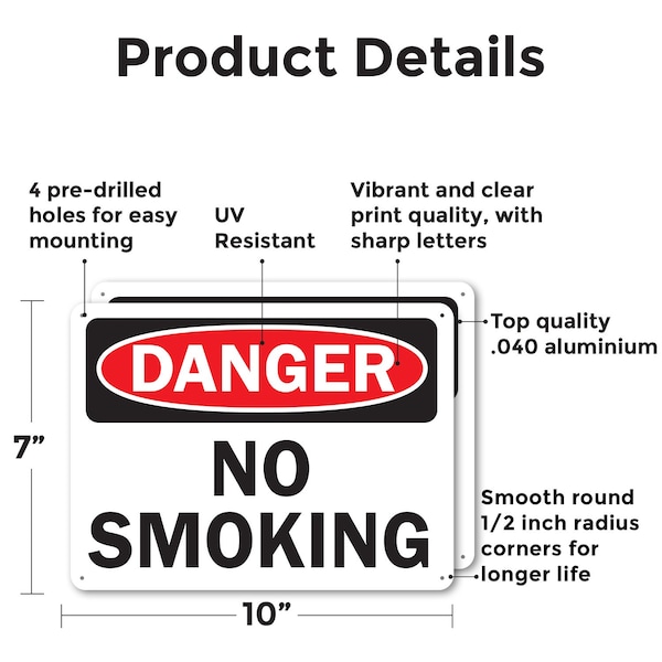 Signmission No Smoking Danger Sign, Aluminum, 10in W x 7in L, 2PK - OS-2PACK-DS-A-710-L-19452