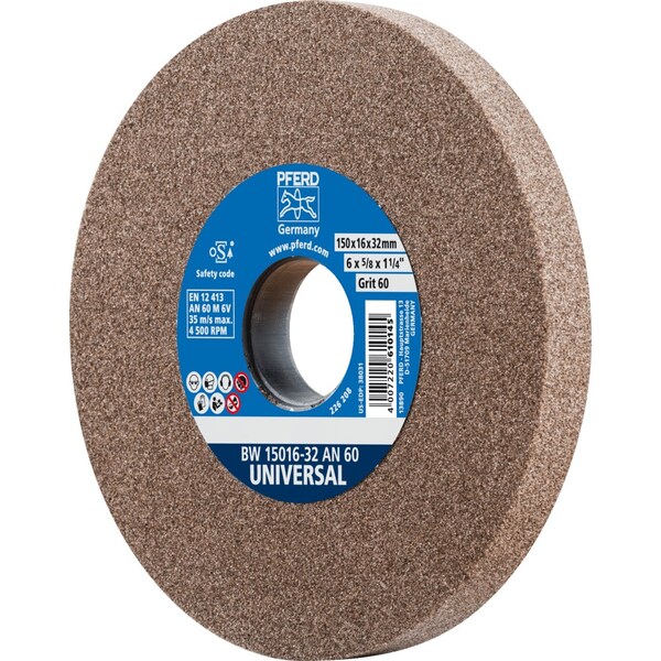Pferd PFERD Vitrified Bench Wheel, UNIVERSAL, 6in x 5/8 x 1-1/4, 60 Grit, Aluminum Oxide - 61673
