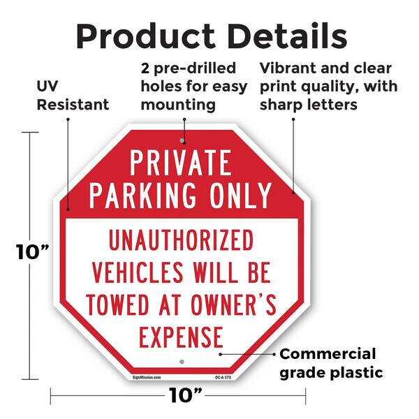 Signmission Private Parking Only Unauthorized V, 10 Inch X 10 Inch, Plastic Sign - OC-P-10-173