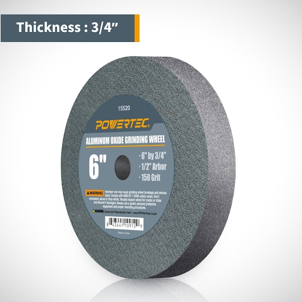 Powertec Aluminum Oxide Grinding Wheel 150 Grit, 6 in. x 3/4 in. with 1/2 in. Arbor - 15520