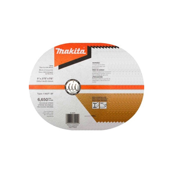 Makita Makita INOX Thin Cut-Off Wheel, 60 Grit, Type 1, 9in Dia x 5/64inT x 7/8in Cntr Hole Dia, 10/Pk - B-12675-10