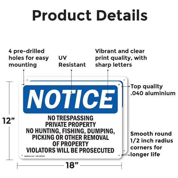 Signmission No Trespassing Private Property No Hunting OSHA Notice Sign, Aluminum, 18in W x 12in L, 2PK - OS-2PACK-NS-A-1218-L-14972
