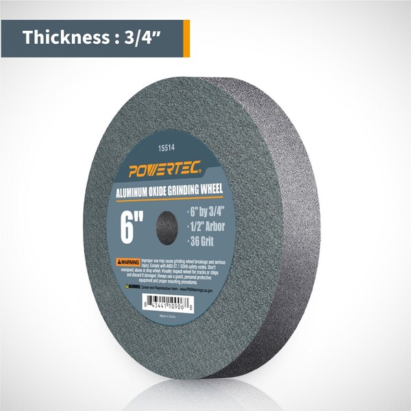 Powertec Aluminum Oxide Grinding Wheel, 6 in. x 3/4 in., 1/2 in. Arbor, 36 Grit - 15514