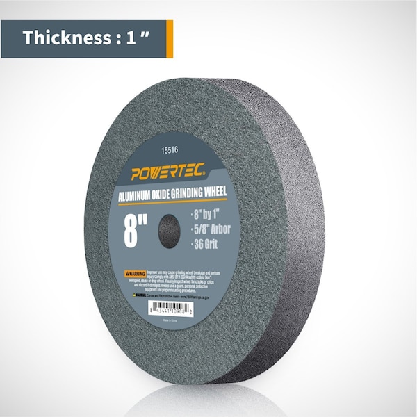 Powertec Aluminum Oxide Grinding Wheel, 8 in. x 1 in. with 5/8 in. Arbor, 36 Grit & White 100 Grit, 2PK - 15527
