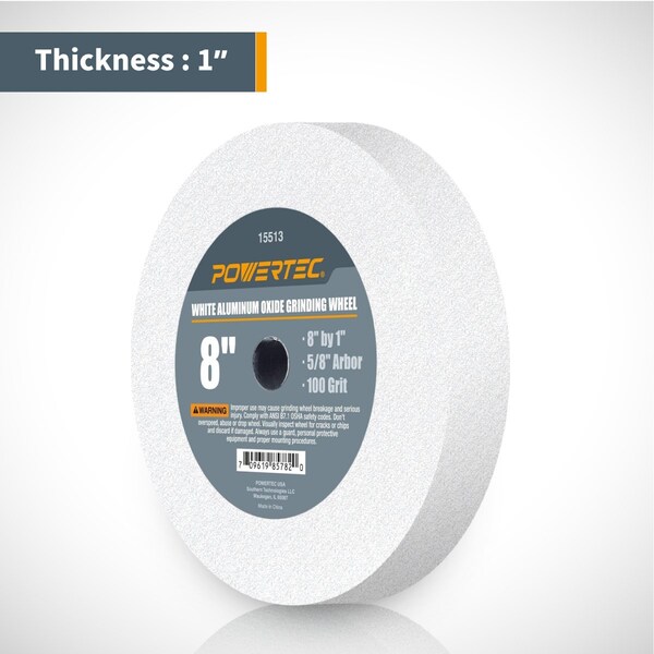 Powertec Aluminum Oxide Grinding Wheel, 8 in. x 1 in. with 5/8 in. Arbor, 36 Grit & White 100 Grit, 2PK - 15527
