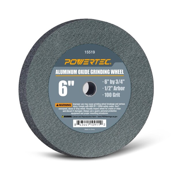 Powertec Aluminum Oxide Grinding Wheel, 6 in. x 3/4 in., 1/2 in. Arbor, 100 Grit - 15519