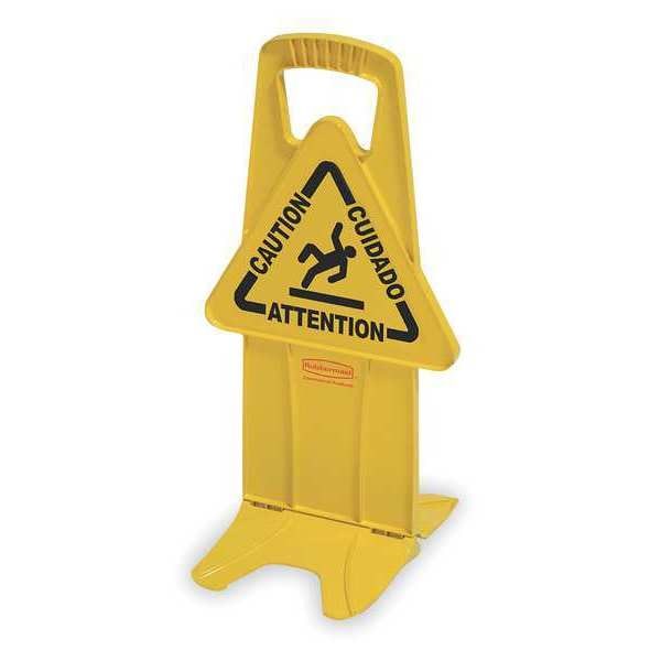 Rubbermaid Commercial Floor Safety Sign, Caution, Eng/Sp/Fr, 25 in H, 13 in W, Polypropylene, Rectangle, FG9S0900YEL - FG9S0900YEL