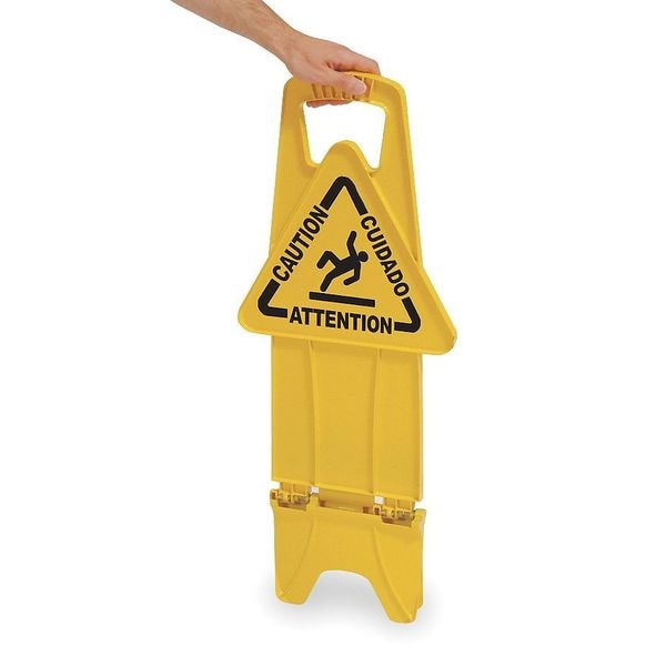 Rubbermaid Commercial Floor Safety Sign, Caution, Eng/Sp/Fr, 25 in H, 13 in W, Polypropylene, Rectangle, FG9S0900YEL - FG9S0900YEL