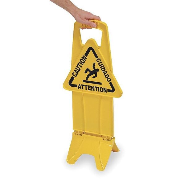 Rubbermaid Commercial Floor Safety Sign, Caution, Eng/Sp/Fr, 25 in H, 13 in W, Polypropylene, Rectangle, FG9S0900YEL - FG9S0900YEL