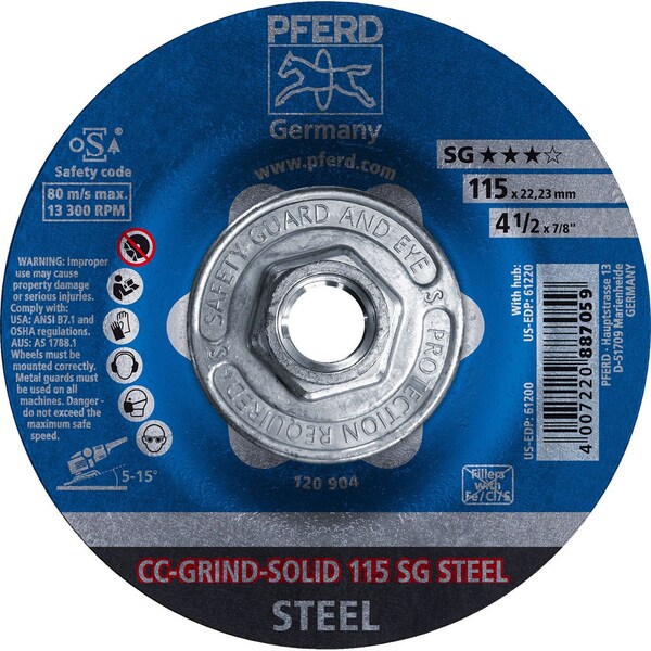 Pferd 61220 4-1/2in CC-GRIND-SOLID 5/8-11 Thread - SG for STEEL - 61220-PFERD