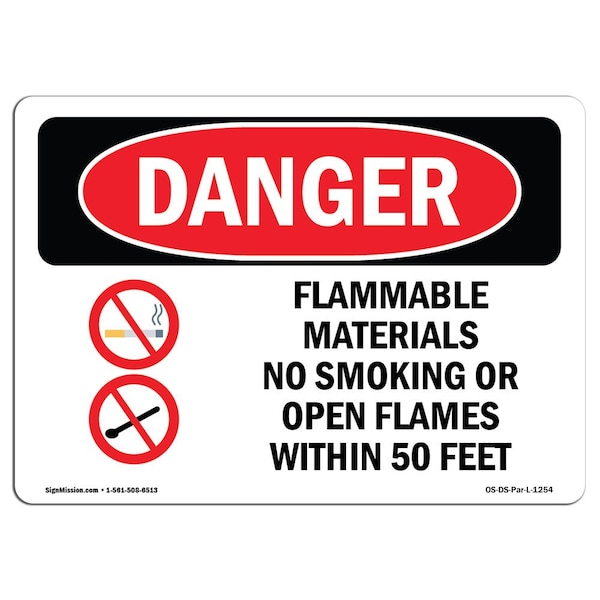 Signmission OSHA Danger, Flammable Materials No Smoking 50 Feet, 7in X 5in Decal, 5" W, 7" L, Landscape - OS-DS-D-57-L-1254