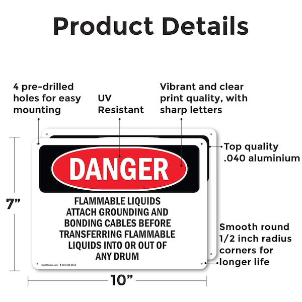 Signmission Flammable Liquids Attach Grounding And Bonding Danger Sign, Aluminum, 10in W x 7in L, 2PK - OS-2PACK-DS-A-710-L-2348