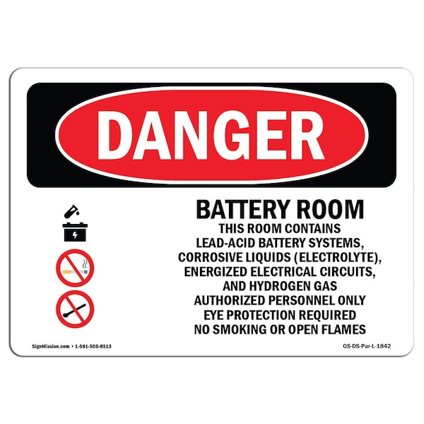 Signmission OSHA Sign, 12" Height, 18" Wide, Battery Room Authorized Personnel Only, Landscape, DS-D-1218-L-1842 - OS-DS-D-1218-L-1842