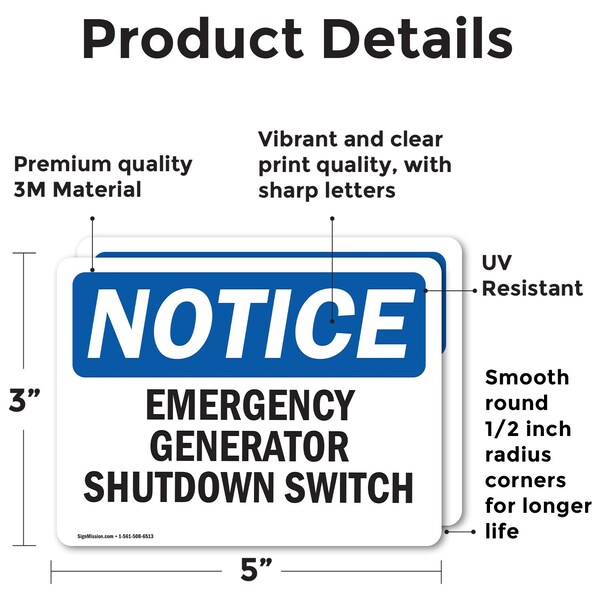 Signmission Generator Emergency Shutdown Switch, 5 in W x Rectangle, Vinyl Decal - OS-2PACK-NS-D-35-L-13096