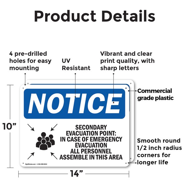 Signmission Secondary Evacuation Point, 14 in W x Rectangle, Plastic - OS-2PACK-NS-P-1014-L-18264