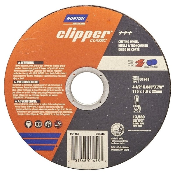 Norton Clipper Clipper Classic A AO Series Cutoff Wheel, 412 in Dia, 0045 in Thick, 78 in Arbor - 70184601455