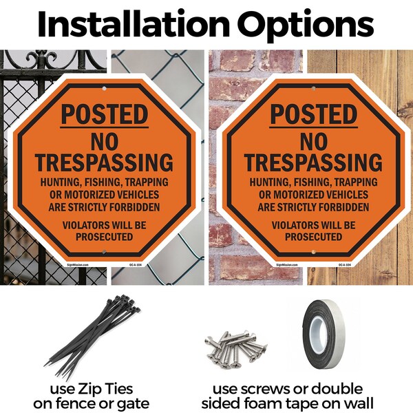 Signmission Posted No Trespassing Hunting, Fish, 10 Inch X 10 Inch, Aluminum Metal Signs - OC-A-10-104