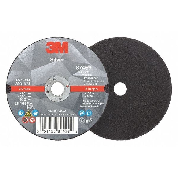 3M Abrasive Cut-Off Wheel, Type 1, 3 in Dia, 0.06 in Thick, 3/8 in Arbor Hole Size, Ceramic, 36 Grit - 87459