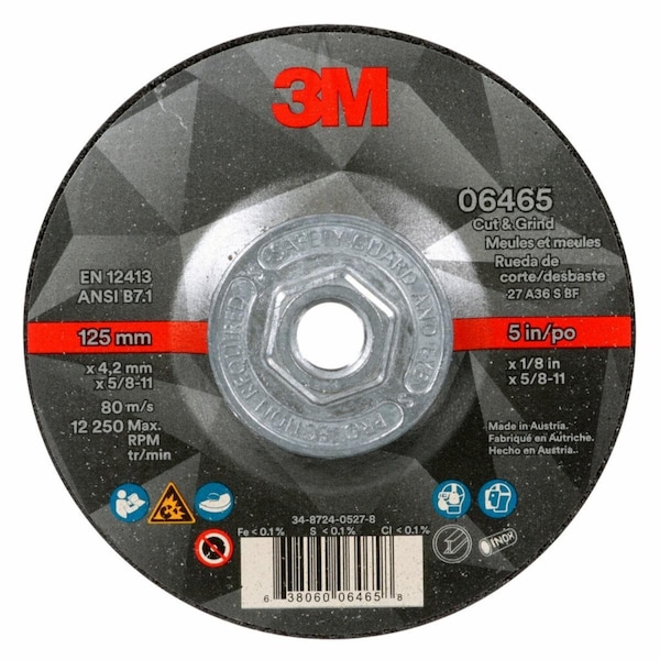 3M Cut-Off & Grinding Wheel, Type 27, 5 in Dia, 0.125 in Thick, 5/8"-11 Arbor Hole Size, Ceramic - 7100245015
