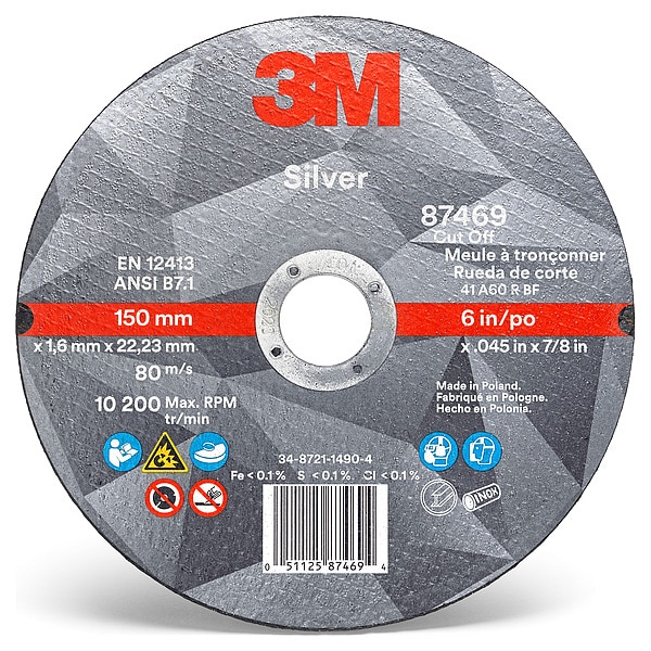 3M Abrasive Cut-Off Wheel, Type 1, 6 in Dia, 0.045 in Thick, 7/8 in Arbor Hole Size, Ceramic, 60 Grit - 87469