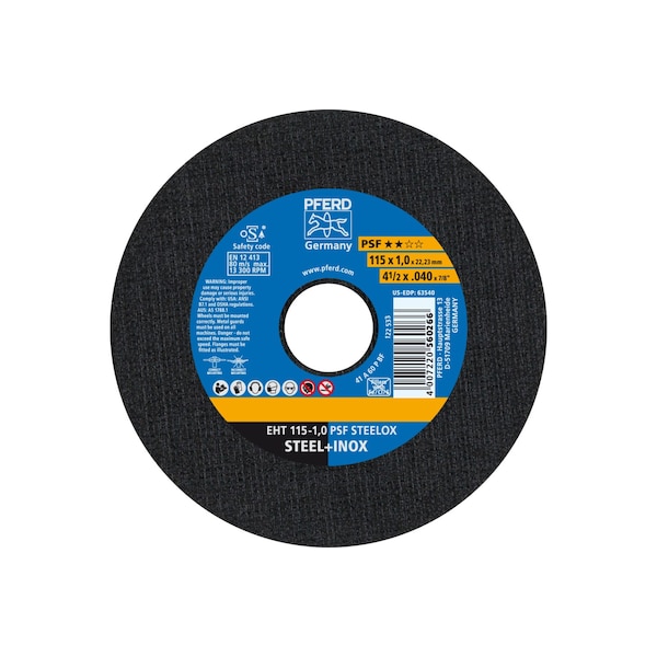 Pferd Abrasive Cut-Off Wheel, Type 1, 4-1/2 in Dia, 0.040 in Thick, 7/8 in Arbor Hole Size, 60 Grit - 63540