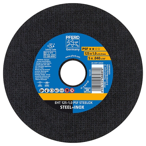 Pferd Abrasive Cut-Off Wheel, Type 1, 5 in Dia, 0.040 in Thick, 7/8 in Arbor Hole Size, Aluminum Oxide A - 63541
