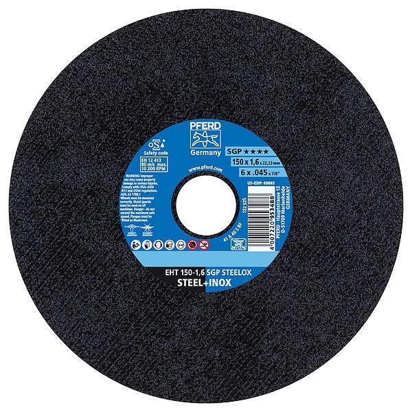 Pferd Abrasive Cut-Off Wheel, Type 1, 6 in Dia, 0.045 in Thick, 7/8 in Arbor Hole Size, 46 Grit - 69865