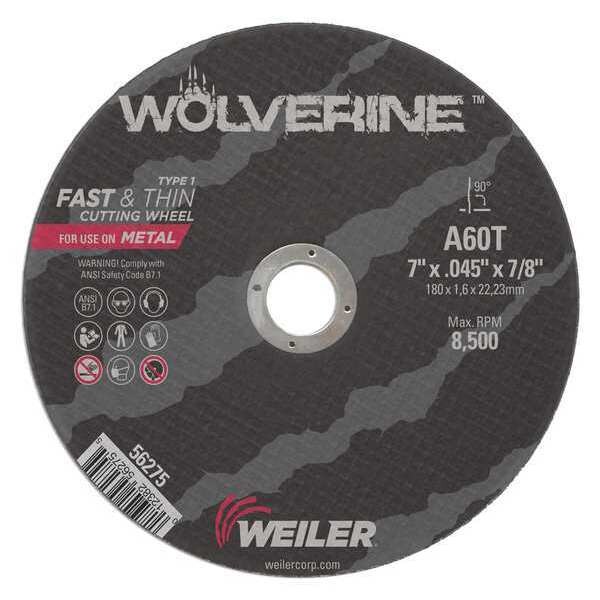 Weiler Abrasive Cut-Off Wheel, Type 1, 7 in Dia, 0.045 in Thick, 7/8 in Arbor Hole Size, Aluminum Oxide - 56275