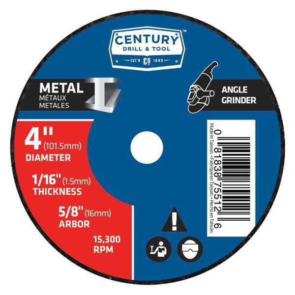 Century Drill & Tool Metal Cutting Wheel, 4x1/16 in., Type 1A, TYPE 1A, 4 in Dia, 1/16 in Thick, 5/8 in Arbor Hole Size - 75512