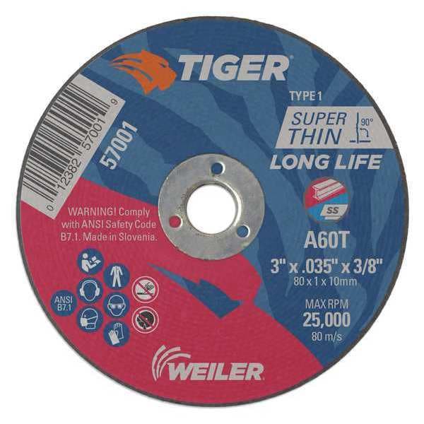 Tiger Abrasive Cut-Off Wheel, Type 1, 3 in Dia, 0.035 in Thick - 57001
