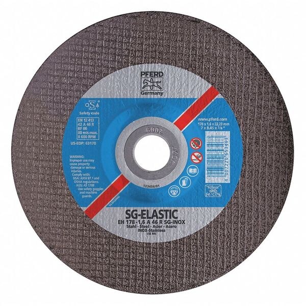 Pferd Cut-Off Wheel, Type 27, 7"x.045", Type 27, 7 in Dia, 0.045 in Thick, 7/8 in Arbor Hole Size, 46 Grit - 63170