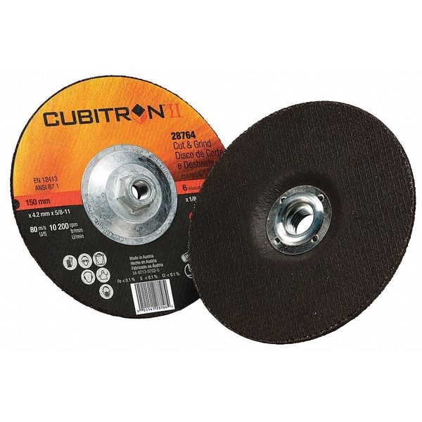 3M Cubitron Cut-Off & Grinding Wheel, Type 27, 6 in Dia, 0.125 in Thick, 5/8"-11 Arbor Hole Size, Ceramic - 60440240913
