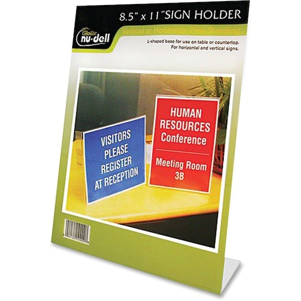 Nudell Stand-Up Sign Holder, Slanted, 8-1/2"x11", Plastic, Clear - NUD35485Z