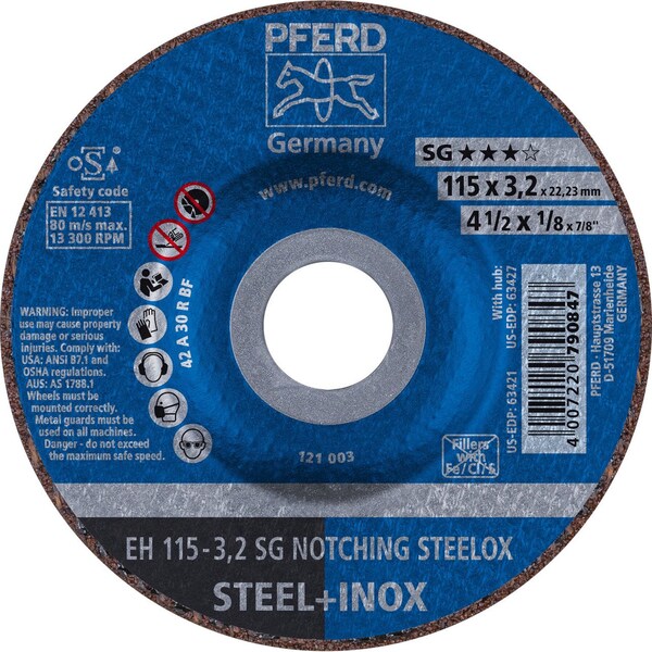 Pferd 63421 4-1/2in x 1/8in Notching Wheel 7/8in AH A 24 R SG-INOX Type 27 - 63421-PFERD