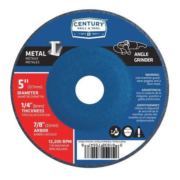 Century Drill & Tool Abrasive Cut-Off Wheel, Type 27, 5 in Dia, 1/4 in Thick, 7/8 in Arbor Hole Size, Aluminum Oxide - 75547
