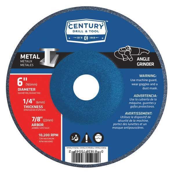 Century Drill & Tool Metal Grinding Wheel, 6x1/4 in., Type 27, Type 27, 6 in Dia, 1/4 in Thick, 7/8 in Arbor Hole Size - 75549