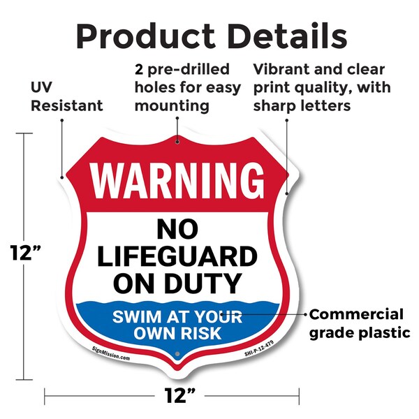 Signmission Warning No Lifeguard On Duty, 12 Inch X 12 Inch, Plastic Sign - SHI-P-12-479