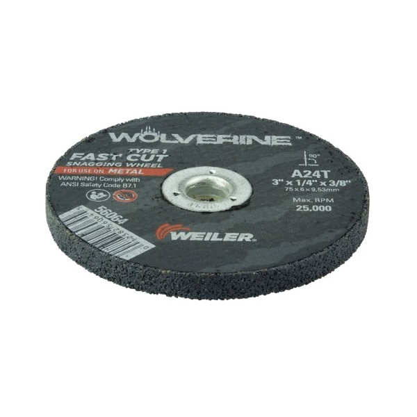 Weiler 3" x 1/4" Wolverine Type 1 Snagging Wheel, A24T, 3/8" A.H. - 56064