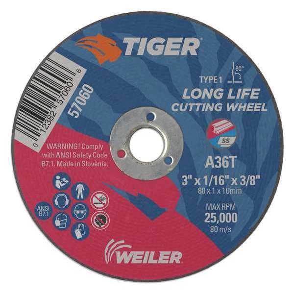 Tiger Abrasive Cut-Off Wheel, Type 1, 3 in Dia, 0.0625 in Thick - 57060