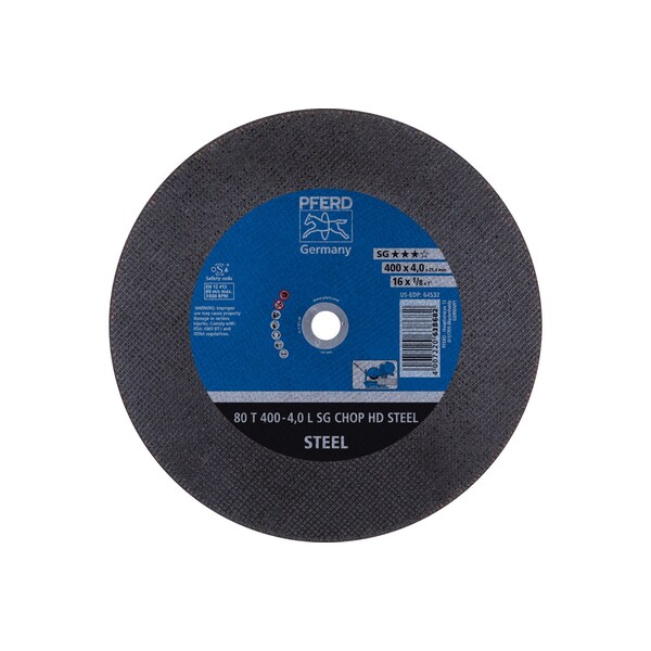 Pferd Cut Off Wheel, Tablecut Stl, 16"x1/8"x1", 16 in Dia, 1/8 in Thick, 1 in Arbor Hole Size, 30 Grit - 64532