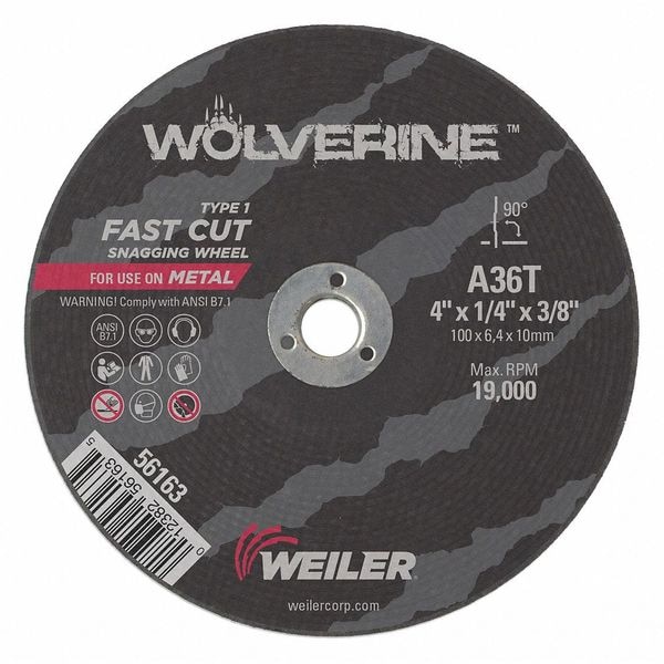 Weiler Abrasive Cut-Off Wheel, Type 1, 4 in Dia, 0.25 in Thick, 3/8 in Arbor Hole Size, Aluminum Oxide - 56163