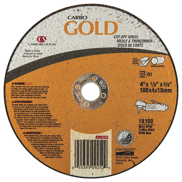 Zoro Select Abrasive Cut-Off Wheel, Type 1, 4 in Dia, 0.125 in Thick, 3/8 in Arbor Hole Size, Aluminum Oxide - 66252850571
