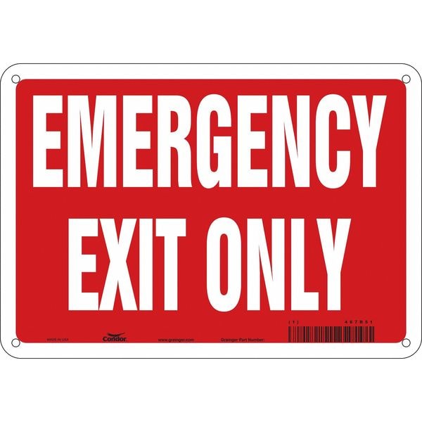 Condor Exit Sign, Aluminum, 10" W, 7" H, Emergency Exit Only, Red, White - 467R51