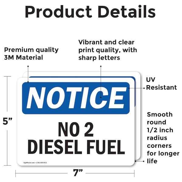 Signmission No 2 Diesel Fuel OSHA Notice Sign, Vinyl Decal, 7in W x 5in L, 2PK - OS-2PACK-NS-D-57-L-14339
