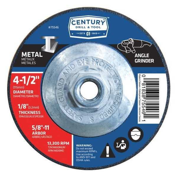 Century Drill & Tool Metal Grinding Wheel, 4-1/2x1/8in, Type 27, Type 27, 4-1/2 in Dia, 1/8 in Thick, Aluminum Oxide - 75546